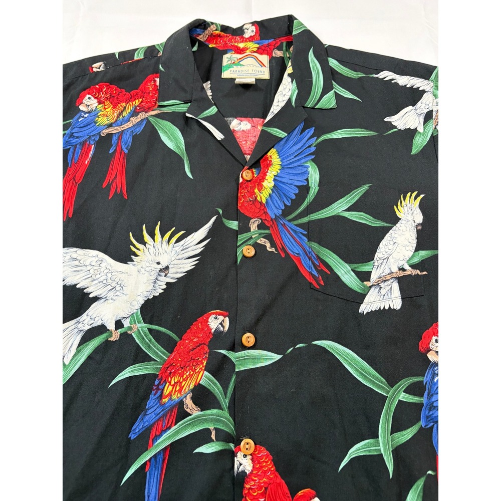 Paradise Found Hawaiian Shirt L Black Macaw Cockatoo Parrot Aloha Vtg Cotton